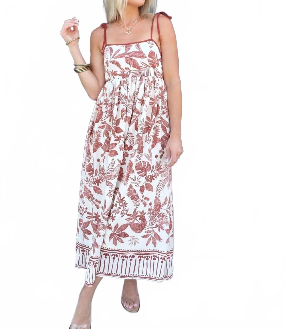 NEW BLU PEPPER women's leaf print spaghetti strap midi dress in terracotta on oa